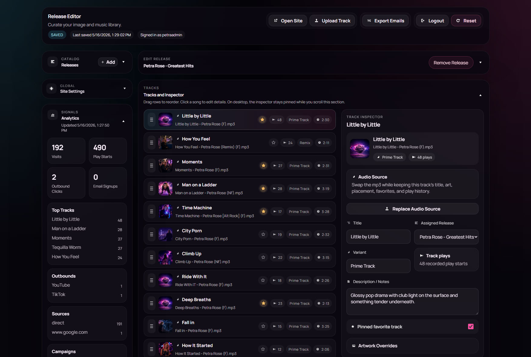 Petra Rose backend release editor with track ordering and analytics